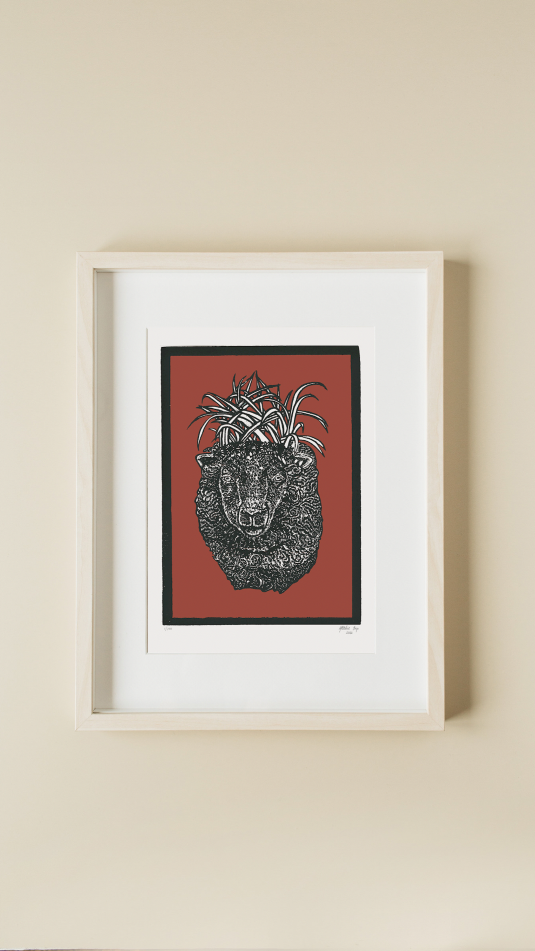 Sheep Wearing a Grass Crown Woodcut Print