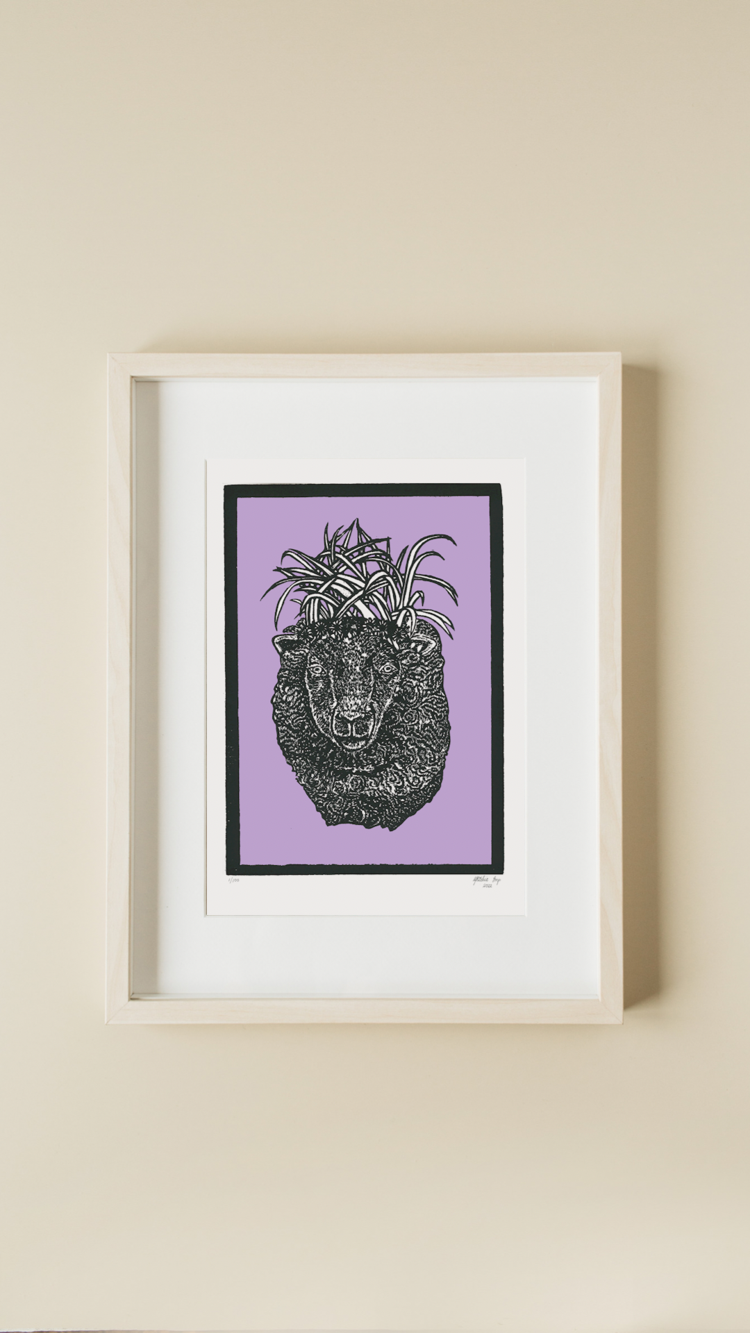 Sheep Wearing a Grass Crown Woodcut Print
