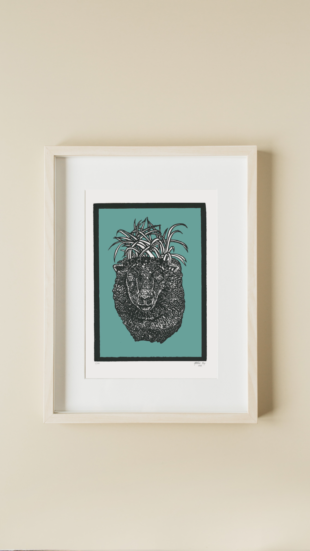 Sheep Wearing a Grass Crown Woodcut Print