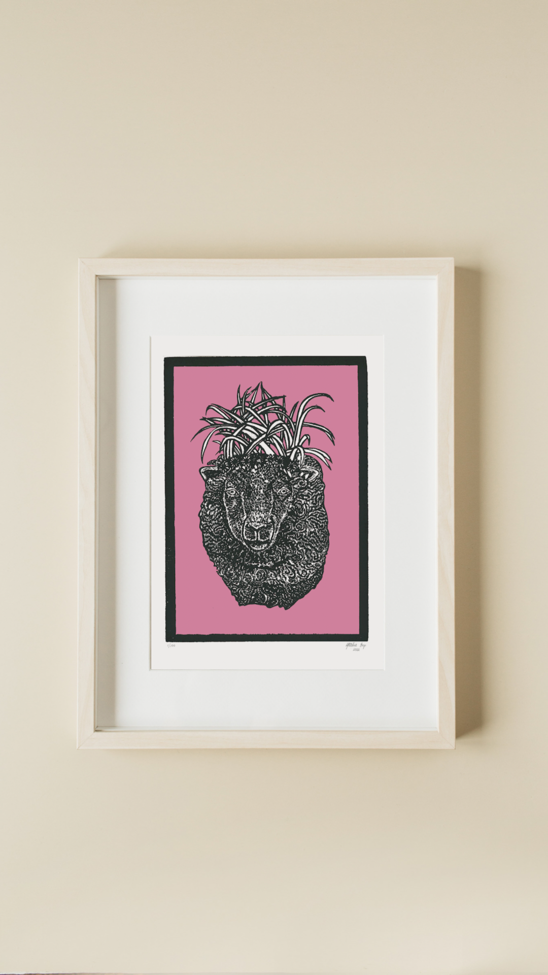 Sheep Wearing a Grass Crown Woodcut Print