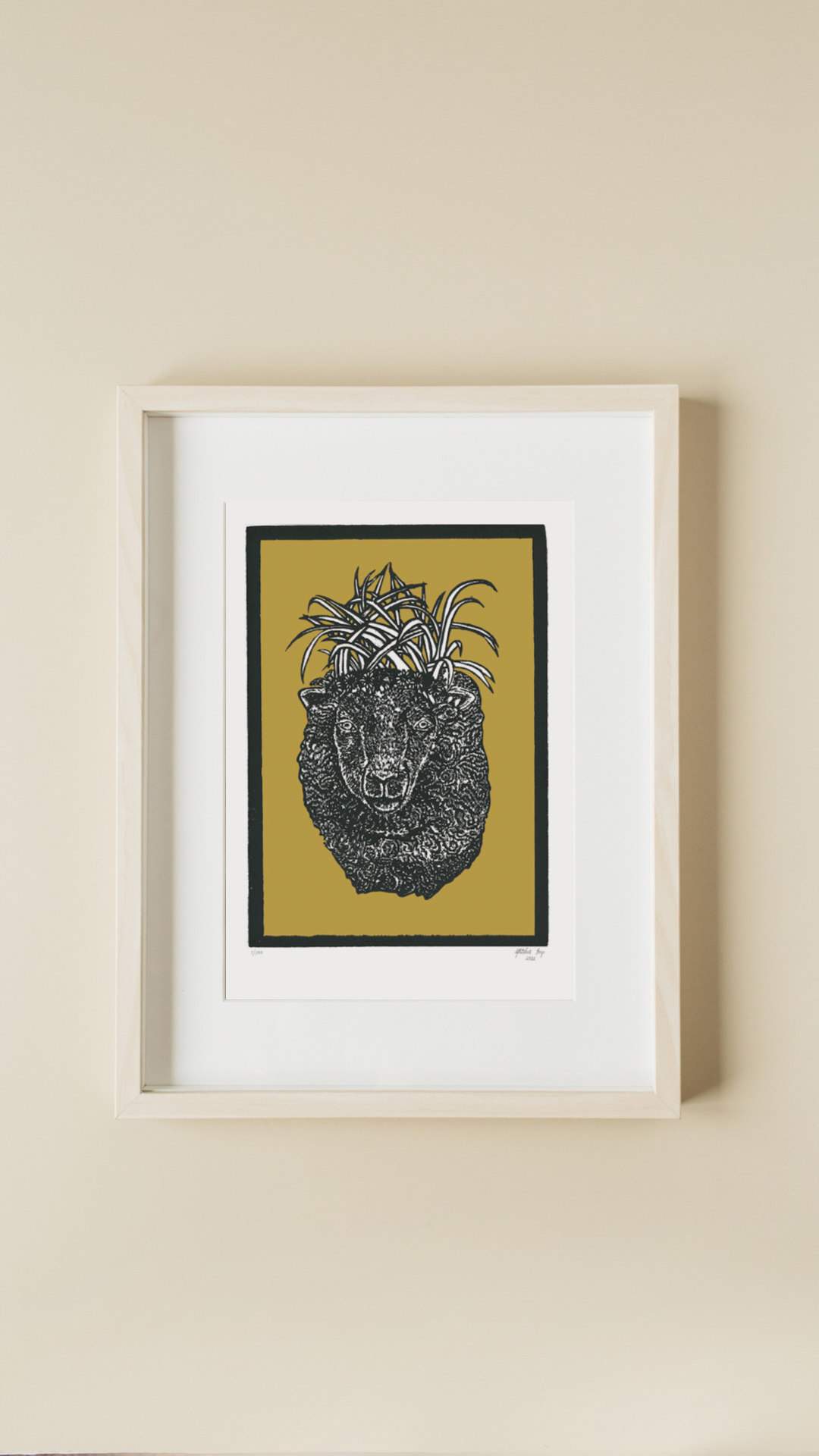 Sheep Wearing a Grass Crown Woodcut Print