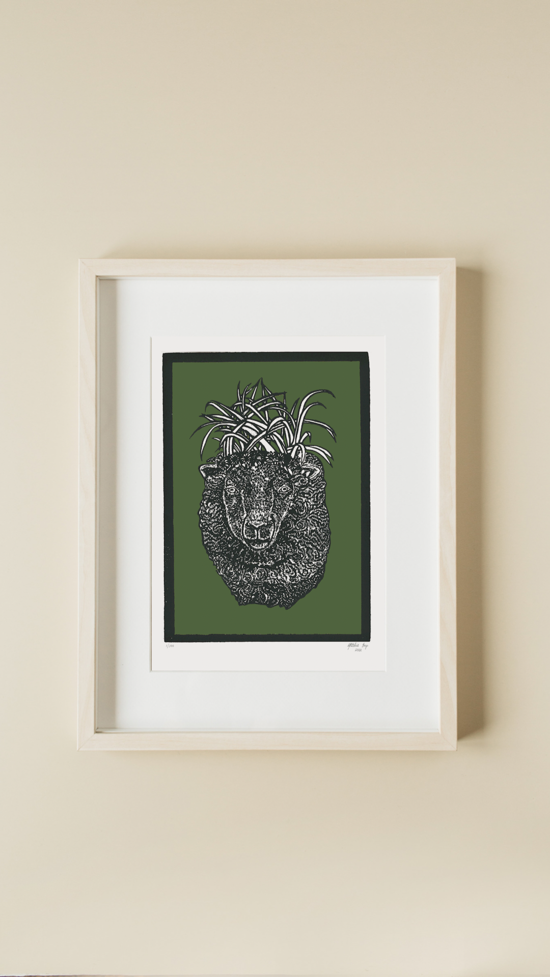 Sheep Wearing a Grass Crown Woodcut Print