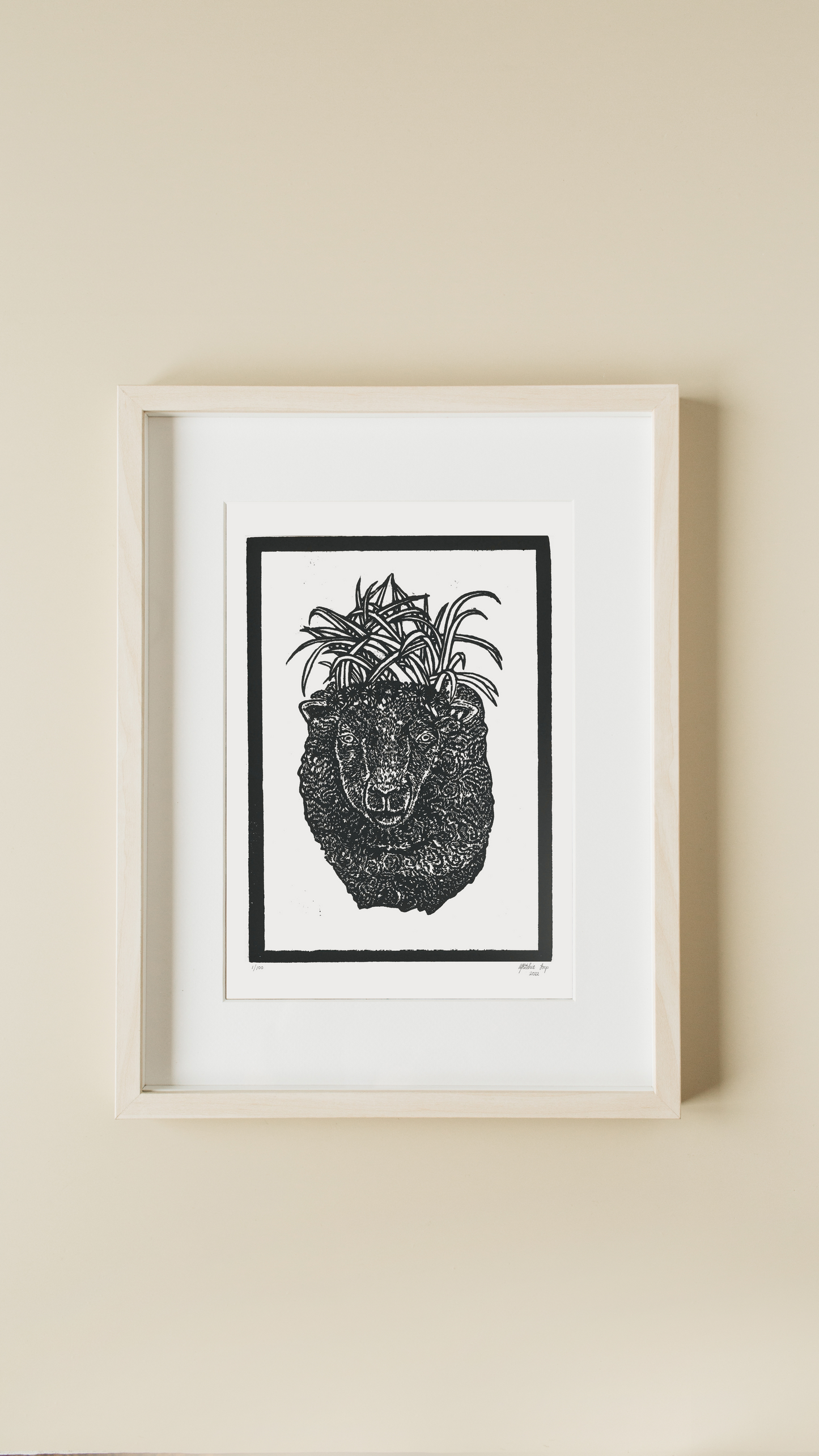 Sheep Wearing a Grass Crown Woodcut Print